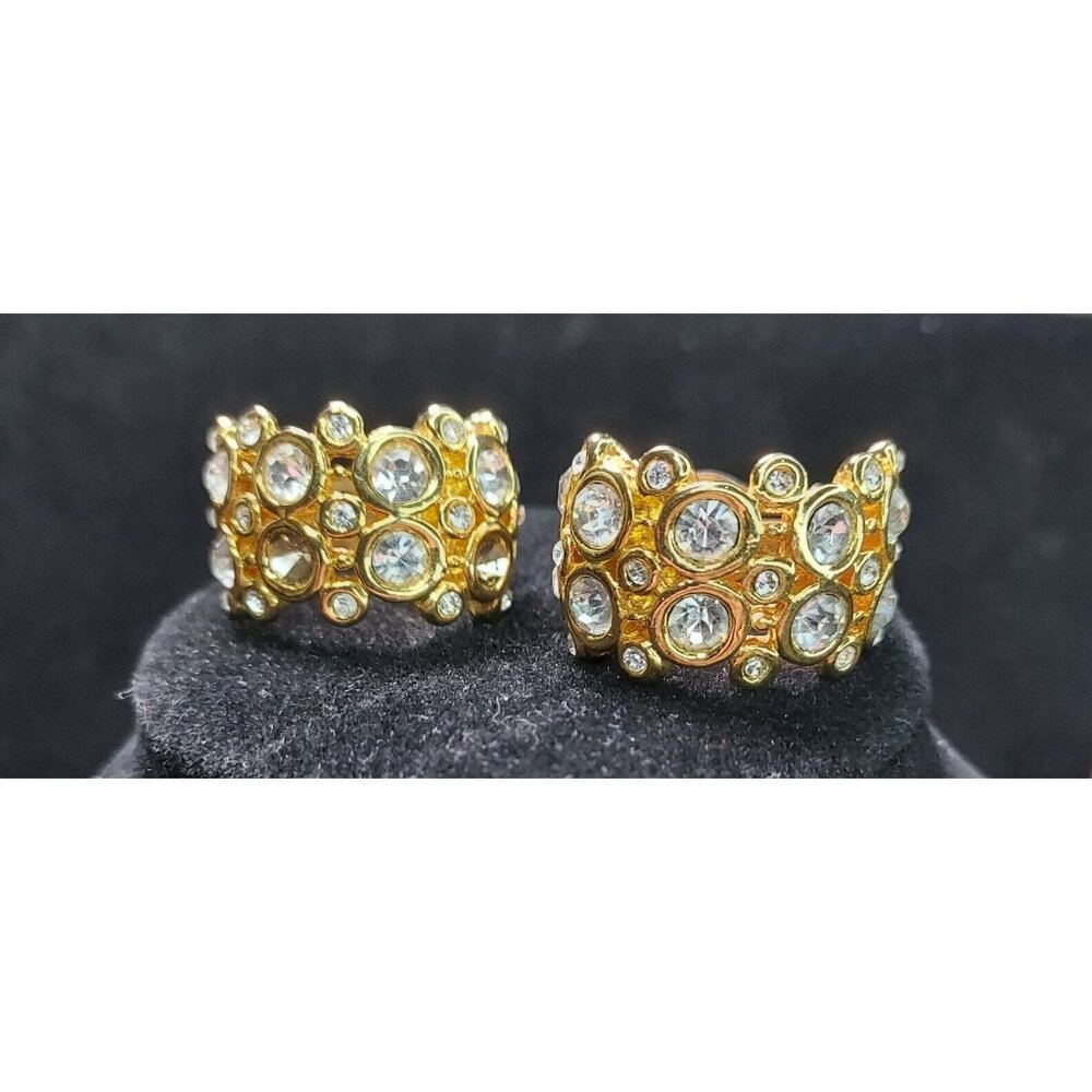 Swarovski Signature Round Bezel Gold Tone Statement Clip Earrings 1"x1/2" READ